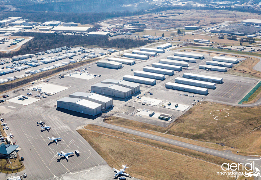 Aerial photo of airplane hangars